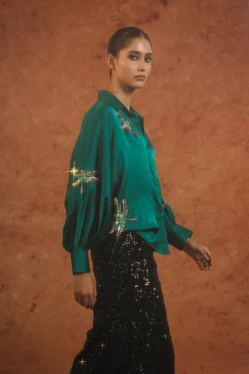 Rahul Mishra Drangonfly Silk Satin Shirt vert émeraude motif