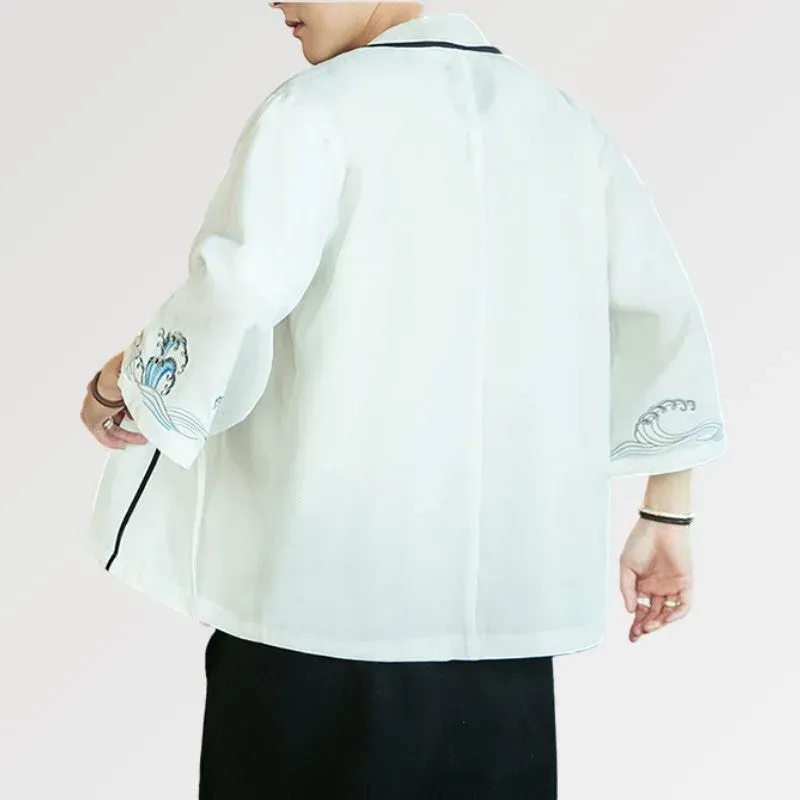Japon style vague Kanagawa veste kimono blanche coton