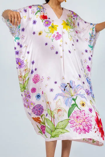 Rahul Mishra Valley of Flowers caftan satin soie rose