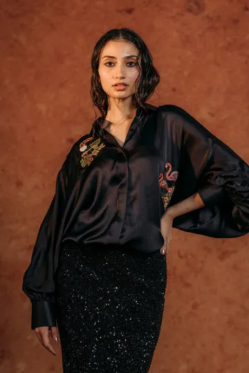 Rahul Mishra Sundarbans chemise satin soie noire
