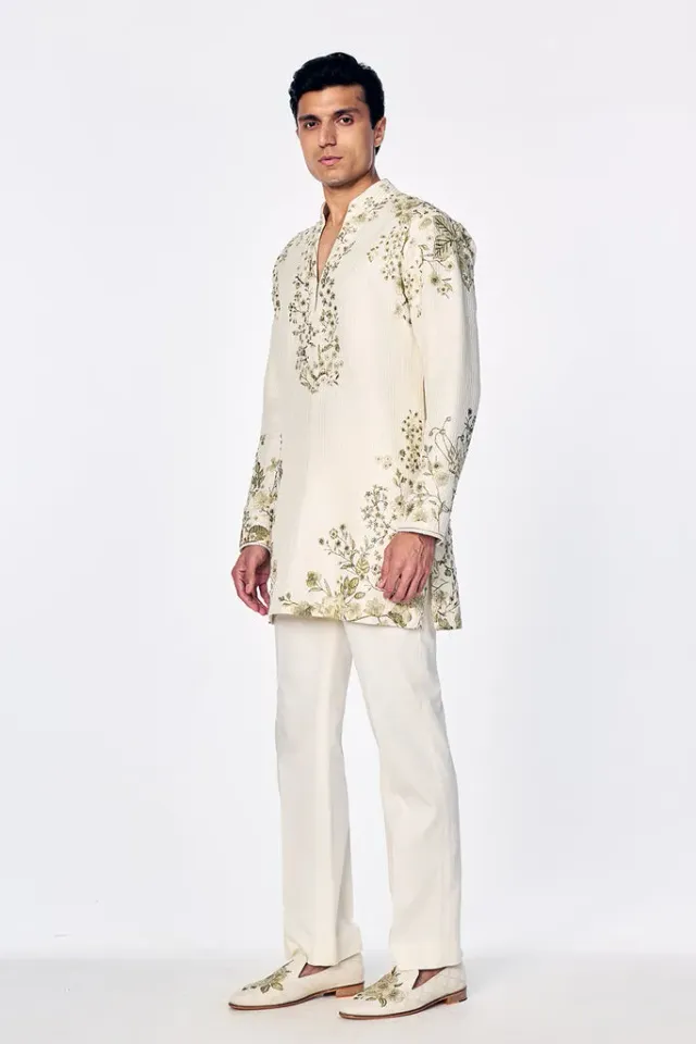 Rahul Mishra Florence Raw Silk Short Kurta kurta court ivoire en soie brute