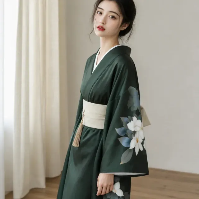Esprit du Japon Kimono Long Vert Fleuri Japonais obi satin