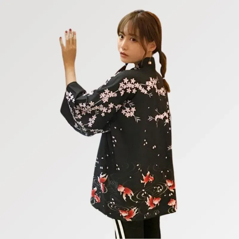 Japon style Kurina veste kimono noire fleurs