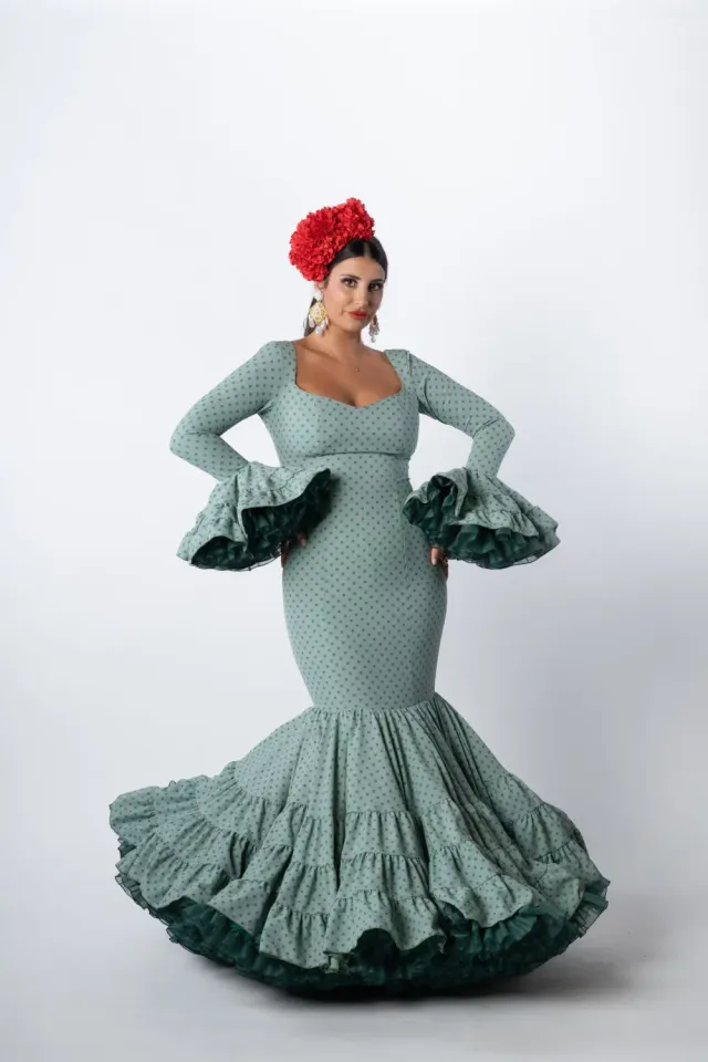 VIVA LA FERIA Verdial robe gitane canastera verte à pois