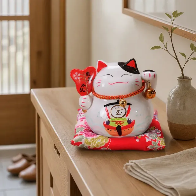 Esprit du Japon Maneki Neko chat japonais porcelaine feuille
