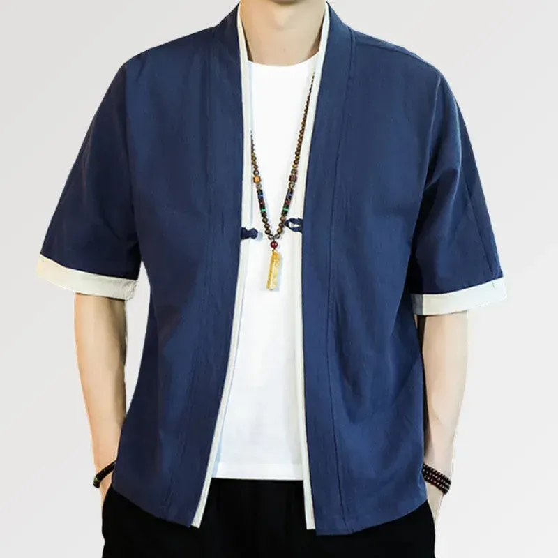 Japon style bleu Hideki veste kimono homme coton lin