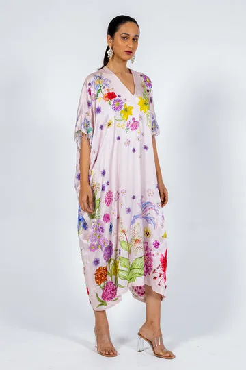 Rahul Mishra Valley of Flowers caftan satin soie rose