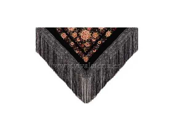 Viva la Feria manton soie naturelle brodé franges noires 140 cm