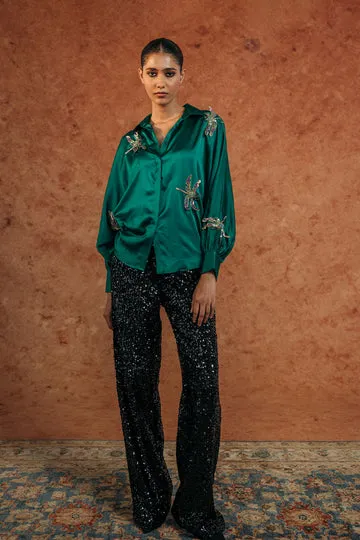 Rahul Mishra Drangonfly Silk Satin Shirt vert émeraude motif
