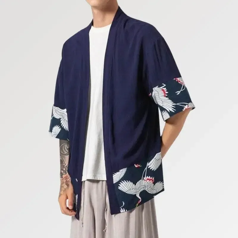 Japon style hisashi cardigan kimono homme coton lin grue