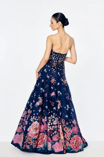 Rahul Mishra Organza Cape Embellished With Bold Botanical Bouquet Motifs cape bleu marine