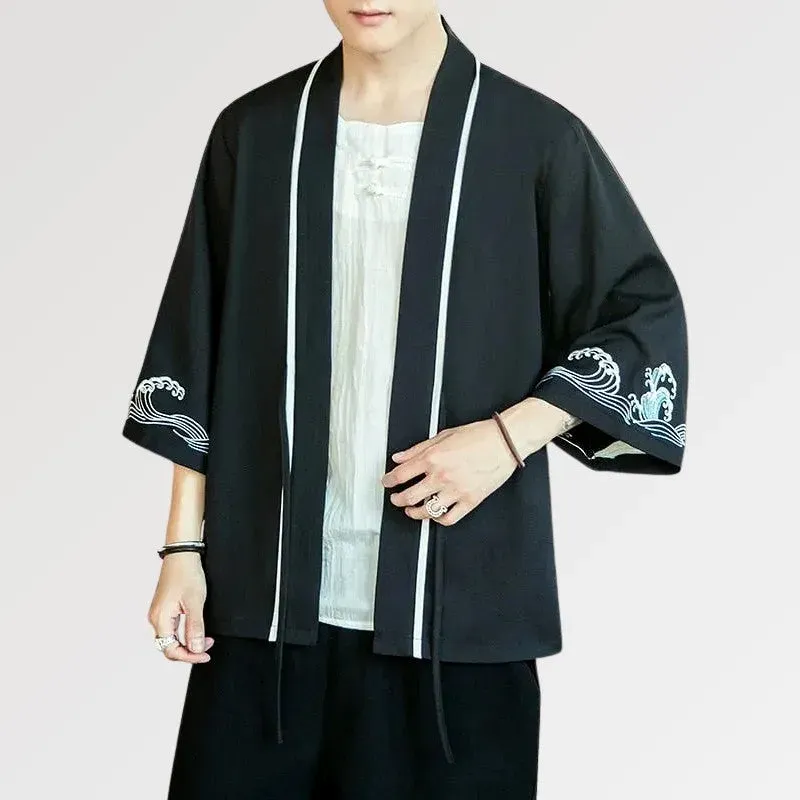 Japon Style Iko Veste Kimono Homme Motif Vague Coton