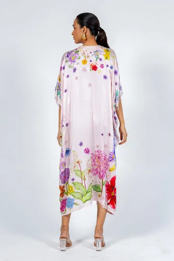 Rahul Mishra Valley of Flowers caftan satin soie rose