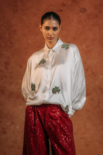 Rahul Mishra Palm chemise satin soie ivoire brodée