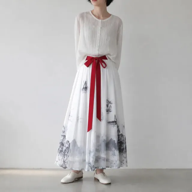 Esprit du Japon Jupe plissée blanche motif encre en lin