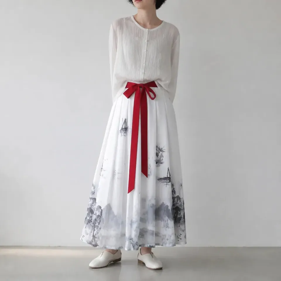 Esprit du Japon Jupe plissée blanche motif encre en lin