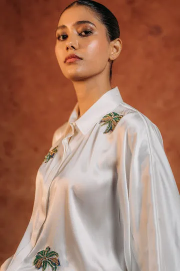 Rahul Mishra Palm chemise satin soie ivoire brodée