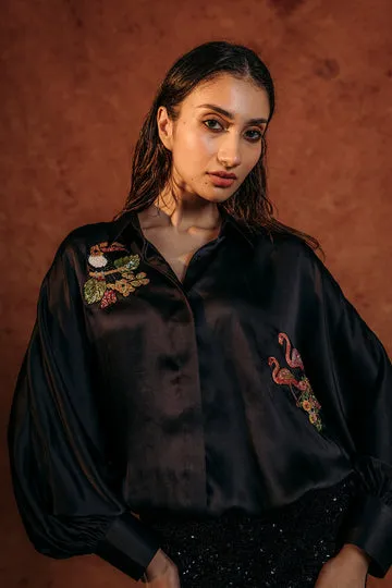 Rahul Mishra Sundarbans chemise satin soie noire