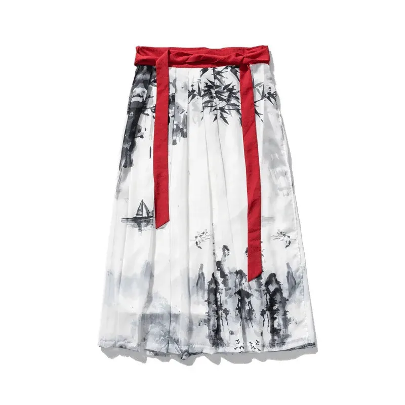 Esprit du Japon Jupe plissée blanche motif encre en lin