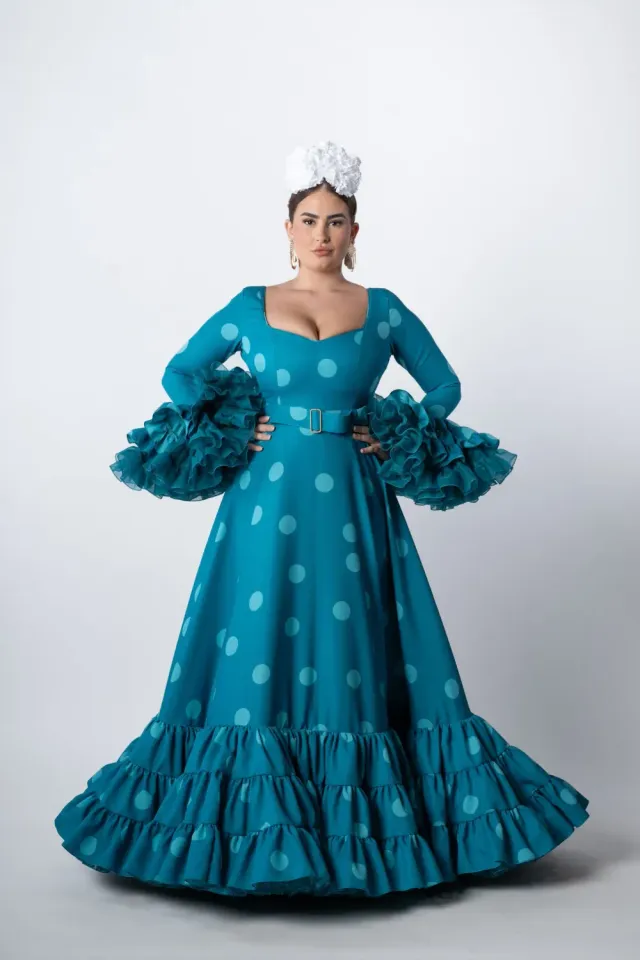 Viva la Feria Azucena robe flamenca turquoise à pois dégradé