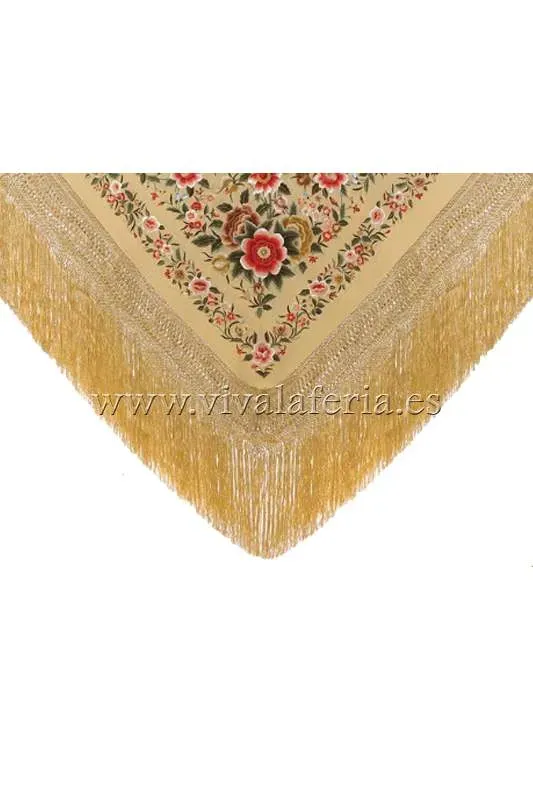Viva La Feria manton flamenco soie beige brodé 140 cm