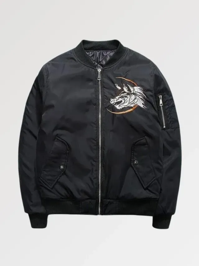 Japon style Souvenir bomber ‘kitsune Embroidery’ noir coton