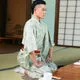 Esprit du Japon Yagasuri kimono homme vert sauge + obi