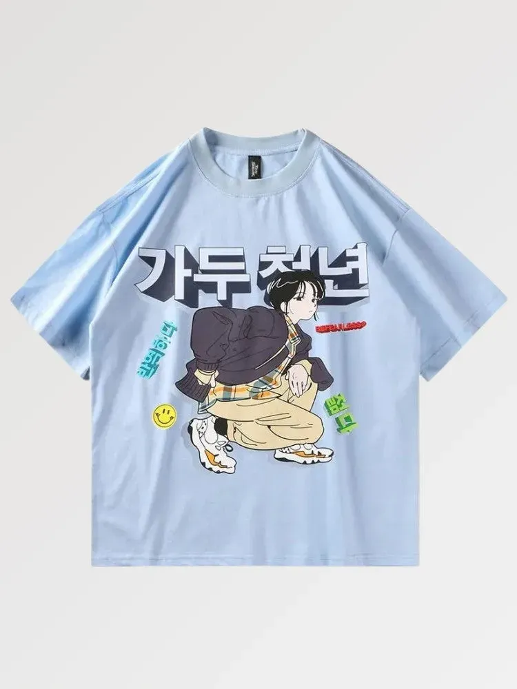 Japon style Cartoon t-shirt kanji japonais streetwear