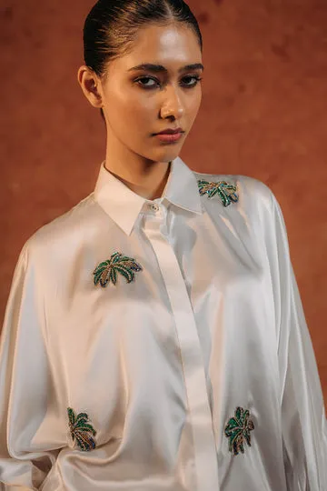 Rahul Mishra Palm chemise satin soie ivoire brodée