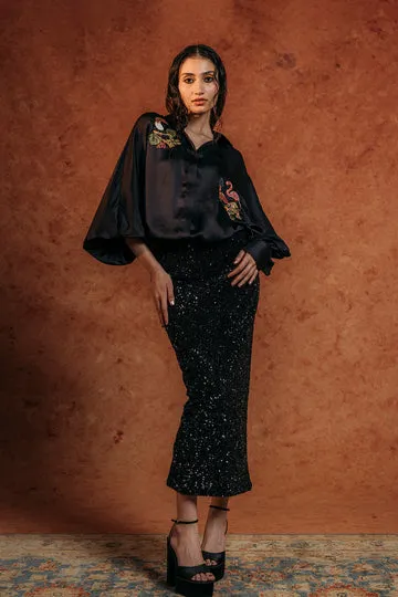 Rahul Mishra Sundarbans chemise satin soie noire