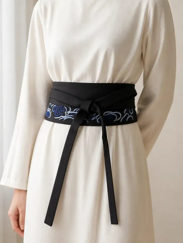 Esprit du Japon ceinture obi brodée nuages noir