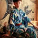 Esprit du Japon Kimono Homme Géométriques Bleutés en satin