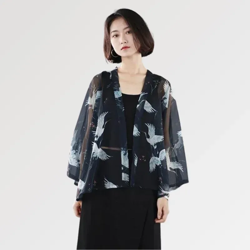 Japon style Kimono Hayko femme noir transparent motifs