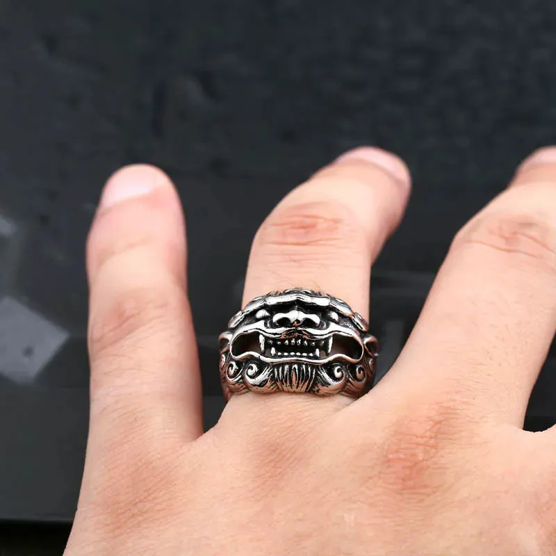 Esprit du Japon bague homme lion gardien acier inoxydable