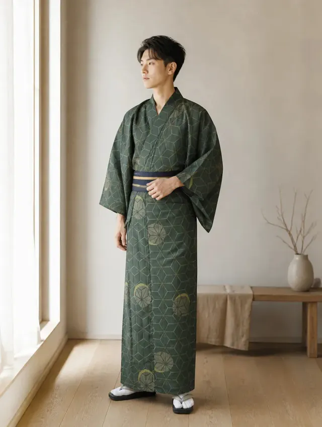 Esprit du Japon kimono homme vert motif asanoha
