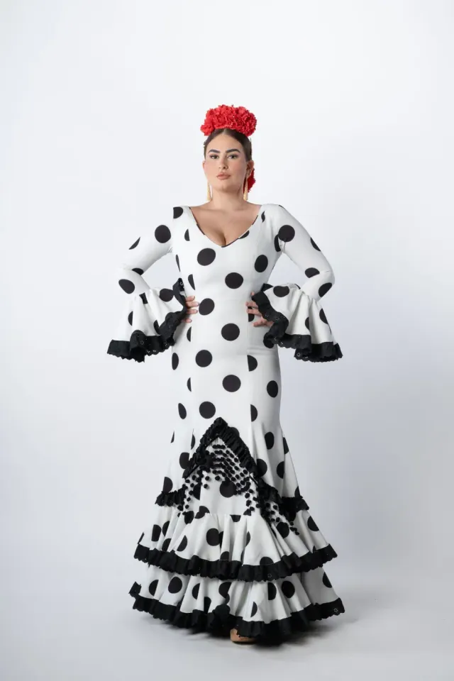 VIVA LA FERIA Genara Robe flamenca canastero blanche à pois noirs