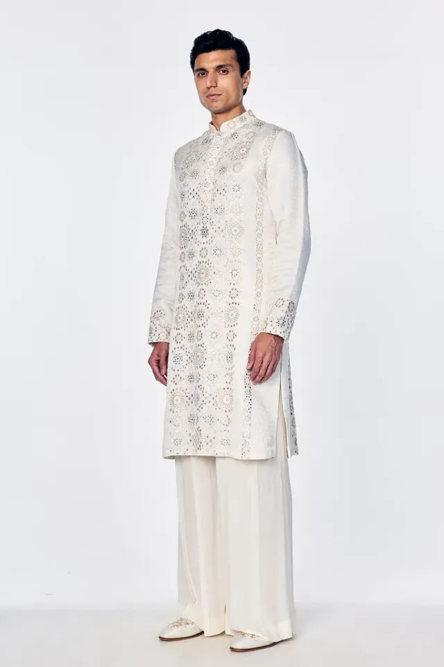 Rahul Mishra kurta en soie à broderie géométrique ivoire