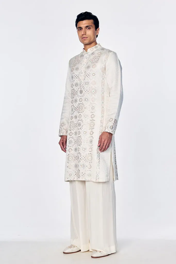Rahul Mishra kurta en soie à broderie géométrique ivoire